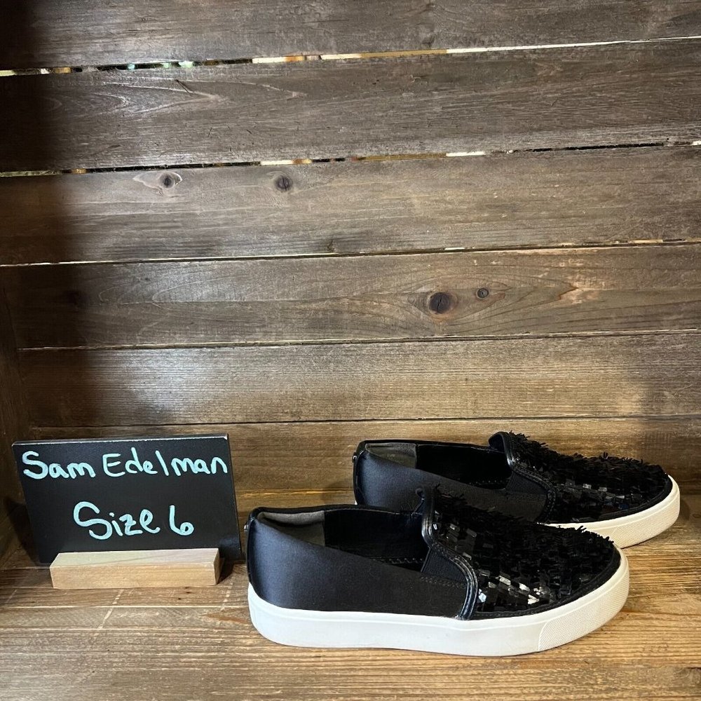 Womens Sam Edelman Elton Black Sequin Slip On Casual Shoes Sneaker Size 6 M GUC - Picture 1 of 7